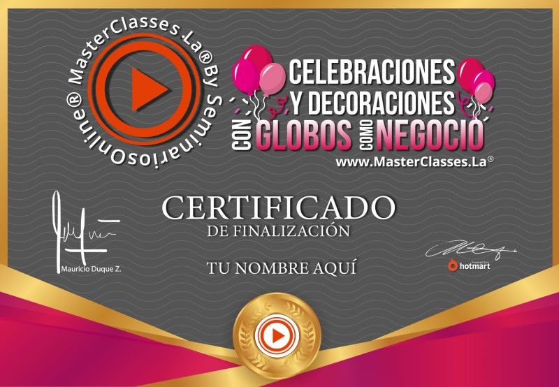 Certificado de Celebraciones y Decoraciones con Globos como Negocio